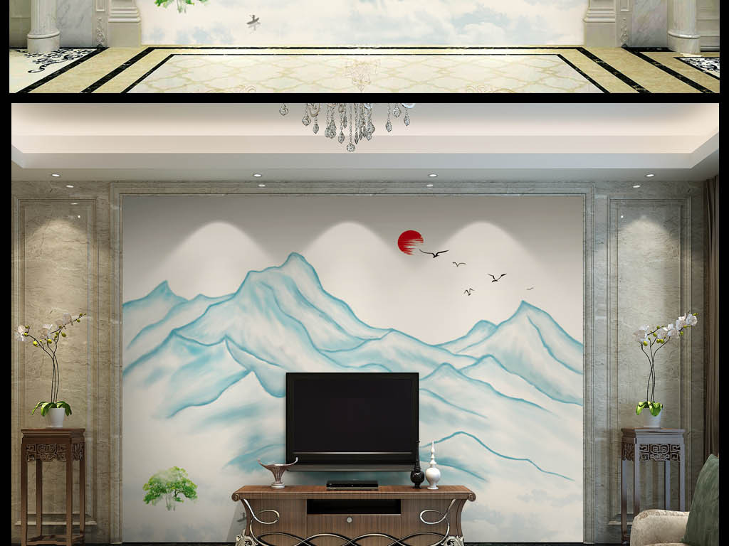 手绘新中式意境水墨山水背景墙装饰画