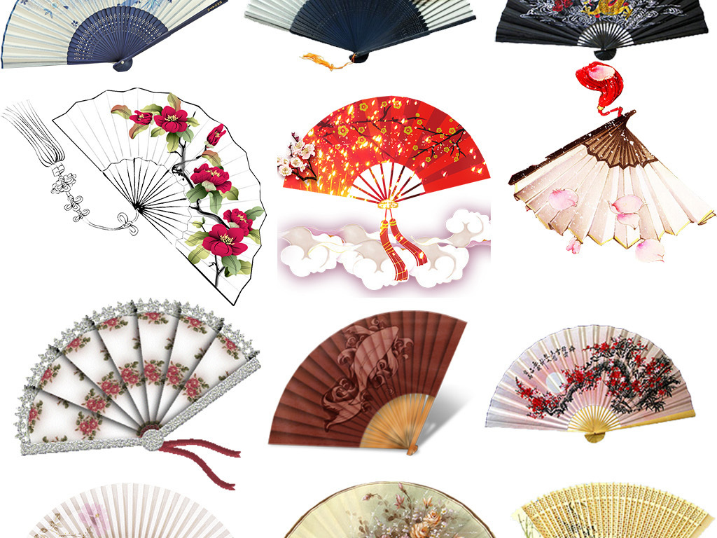 多款古典中国风折扇扇子红色手绘扇子素材