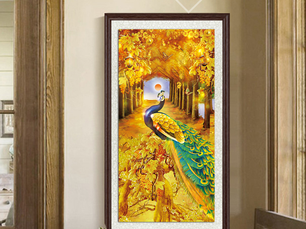 金色黄金孔雀招财玄关背景墙