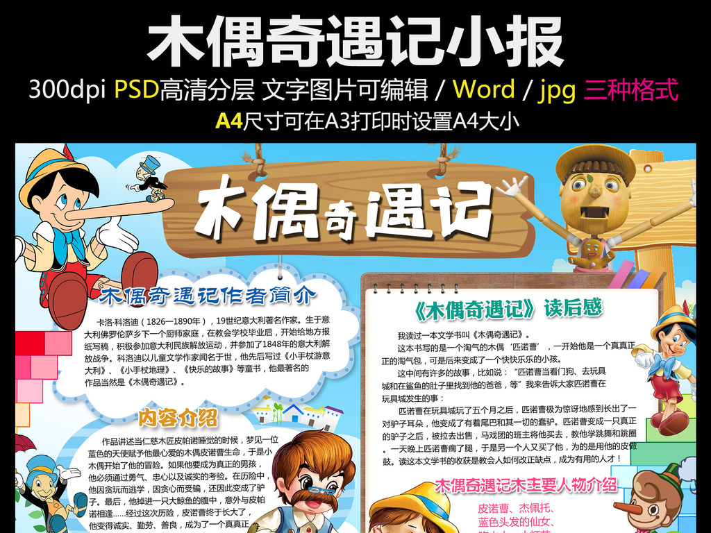 我图网提供精品流行木偶奇遇记小报匹诺曹手抄报电子小报素材下载,作品模板源文件可以编辑替换,设计作品简介: 木偶奇遇记小报匹诺曹手抄报电子小报 位图, CMYK格式高清大图,使用软件为 Photoshop CS6(.psd) 木偶奇遇记手抄报