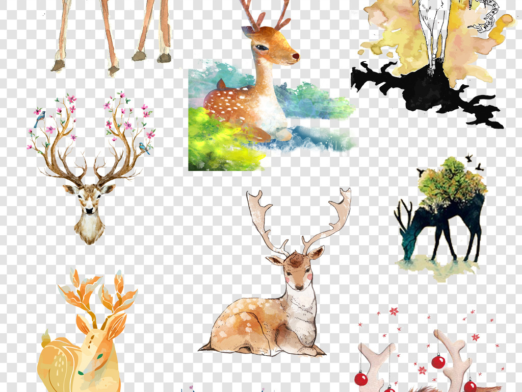 卡通手绘水彩鹿麋鹿png海报素材