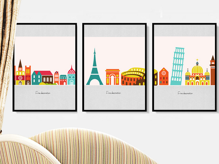 北欧建筑无框画卡通手绘装饰画素材下载