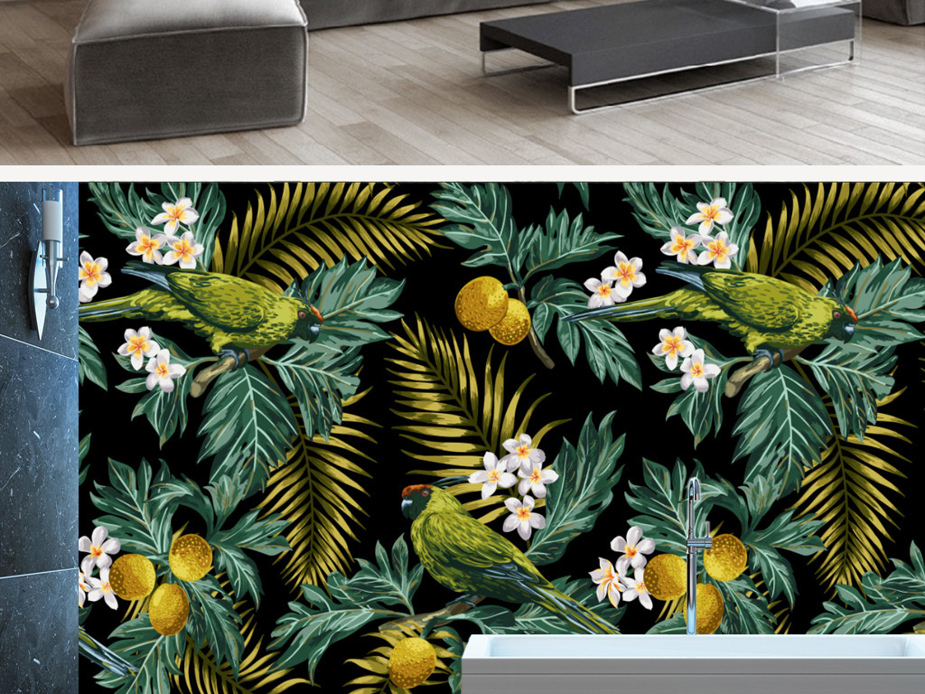 背景墙|装饰画 电视背景墙 手绘电视背景墙 > 手绘热带雨林鹦鹉椰树叶