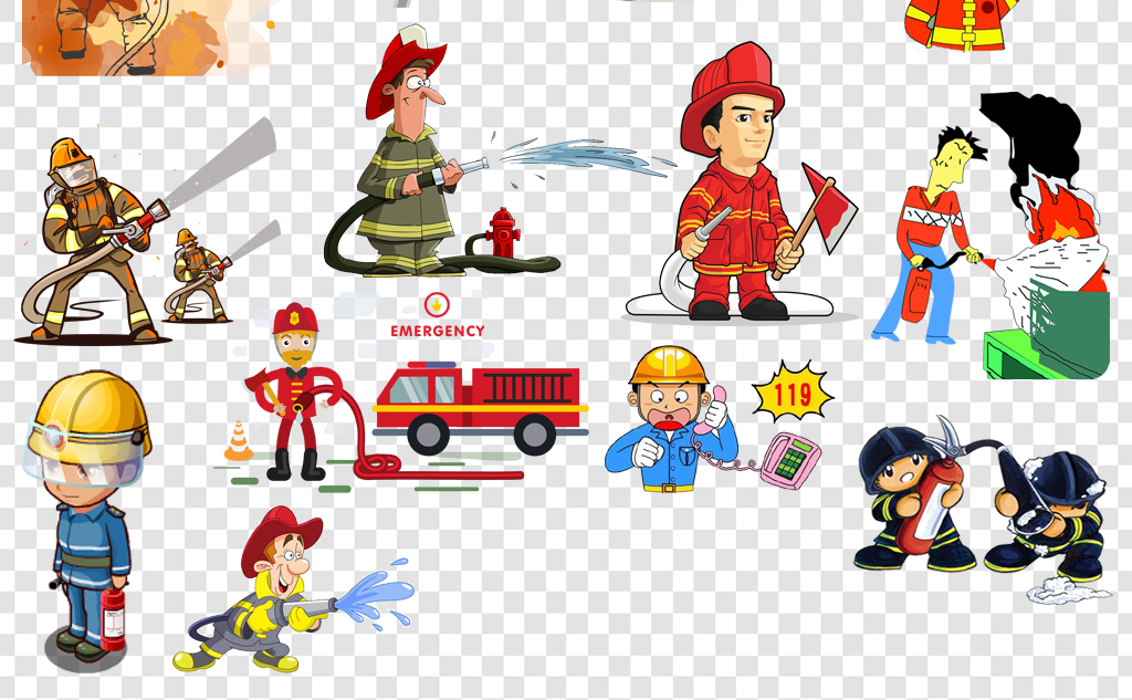 卡通消防员消防安全灭火救灾png海报素材
