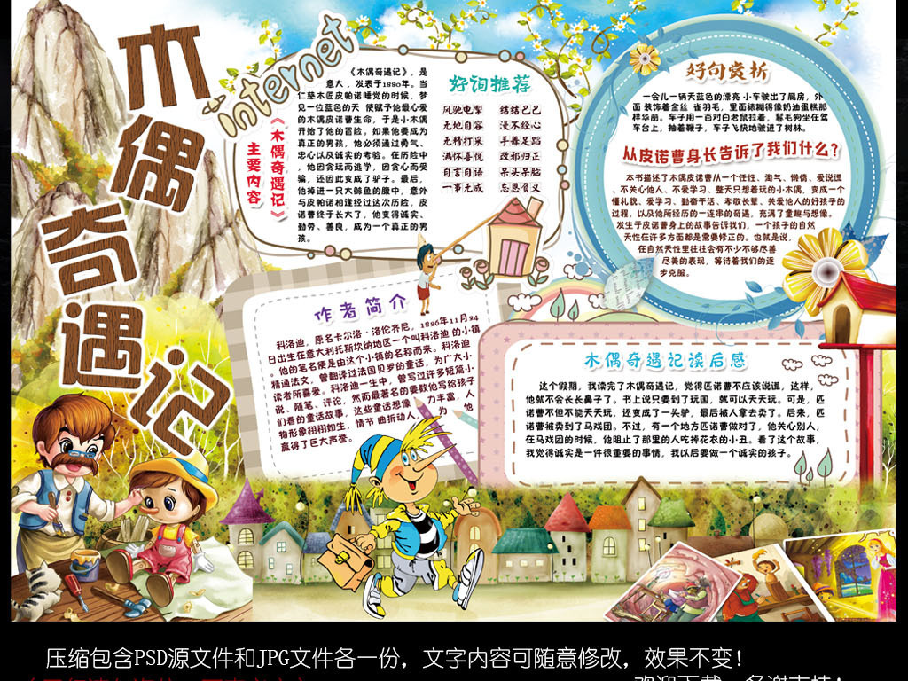 我图网提供精品流行木偶奇遇记小报读书童话故事读后感手抄小报素材下载,作品模板源文件可以编辑替换,设计作品简介: 木偶奇遇记小报读书童话故事读后感手抄小报素材 位图, CMYK格式高清大图,使用软件为 Photoshop CS6(.psd) 木偶奇遇记手抄报 经典童话