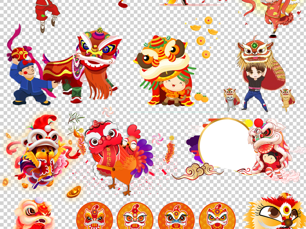 节日舞狮子舞龙舞狮PNG透明背景素材集合