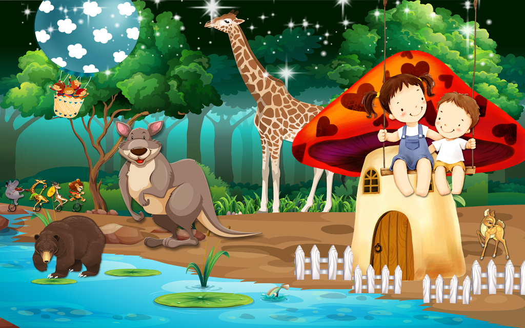 原创梦幻森林动物王国卡通儿童房小孩房壁画版权可商用