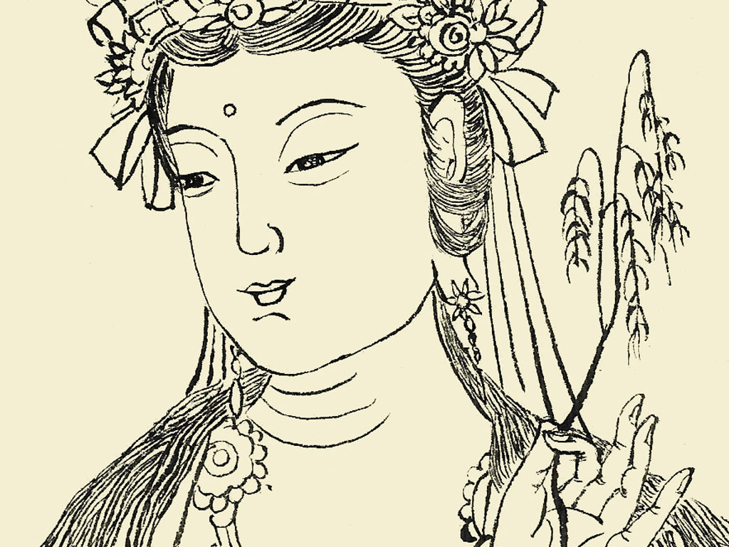 高清观音菩萨黑白线描装饰画