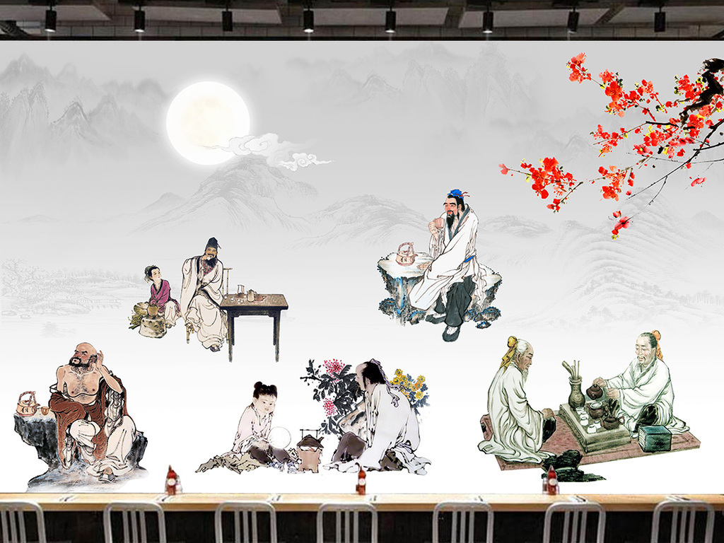 中式月圆山水风景茶艺茶道文化背景墙