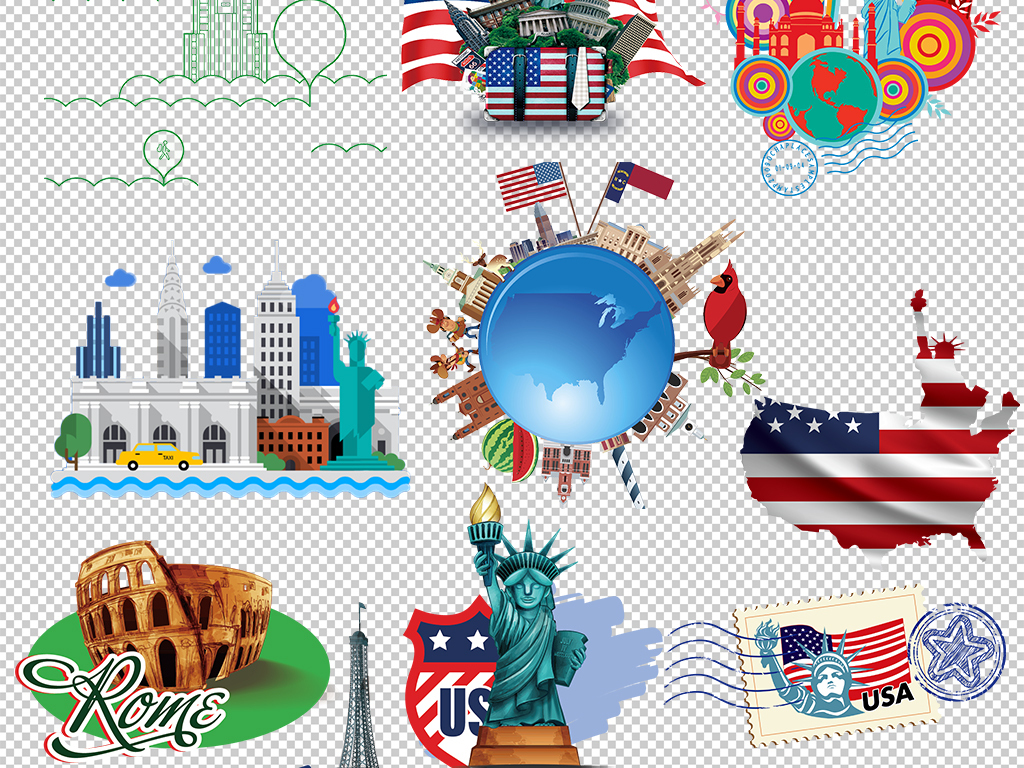 设计元素 背景素材 其他 > 美国国旗建筑美国透明免扣旅游素材  美国
