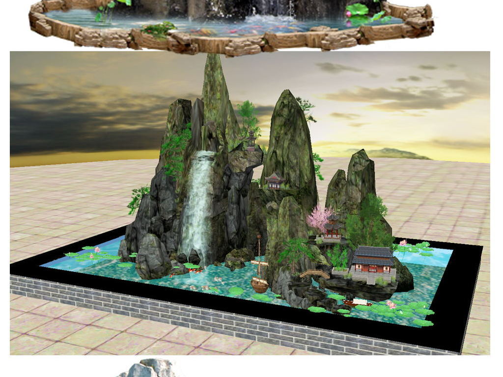 景观假山置石叠水石头SU模型