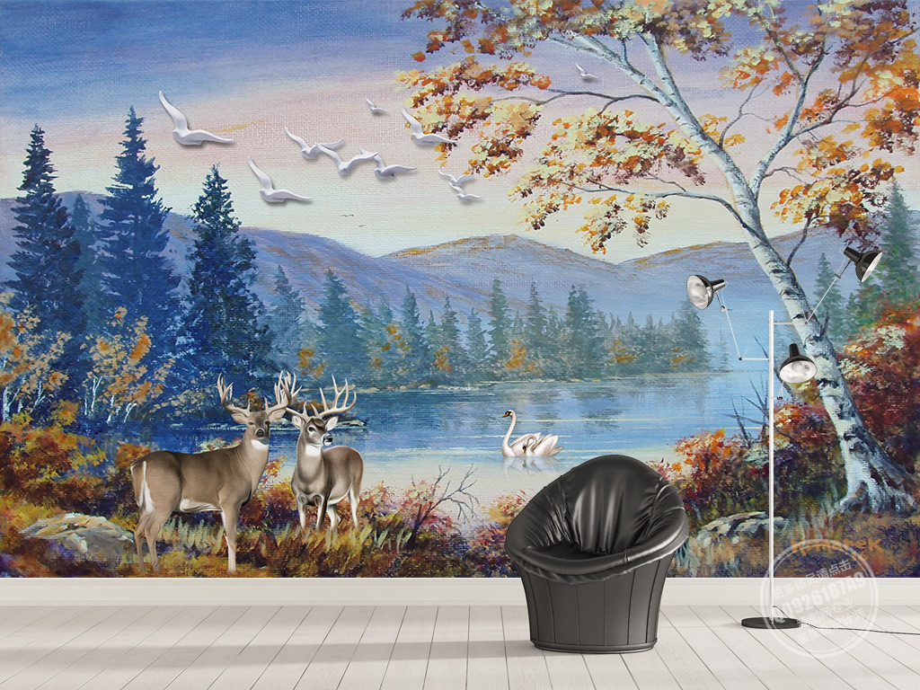 北欧油画风景麋鹿天鹅电视沙发背景墙