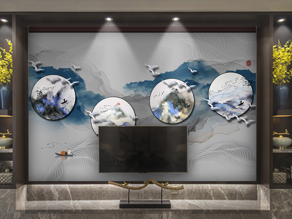 新中式水墨山水创意圆形背景墙条屏装饰画