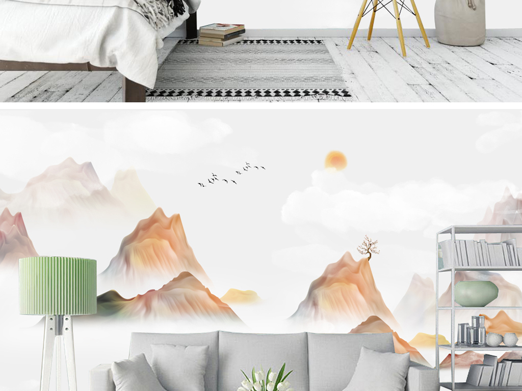 新中式水墨山水立体油画飞鸟背景壁画装饰画