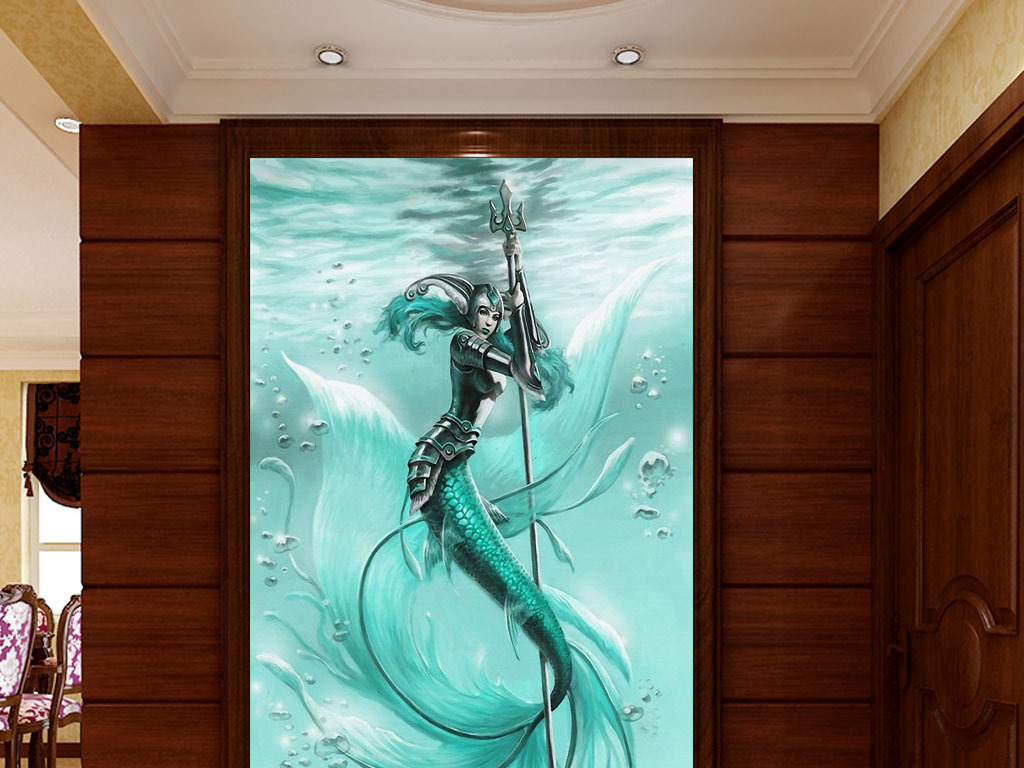 梦幻蓝色大海美人鱼战士欧式复古玄关装饰画