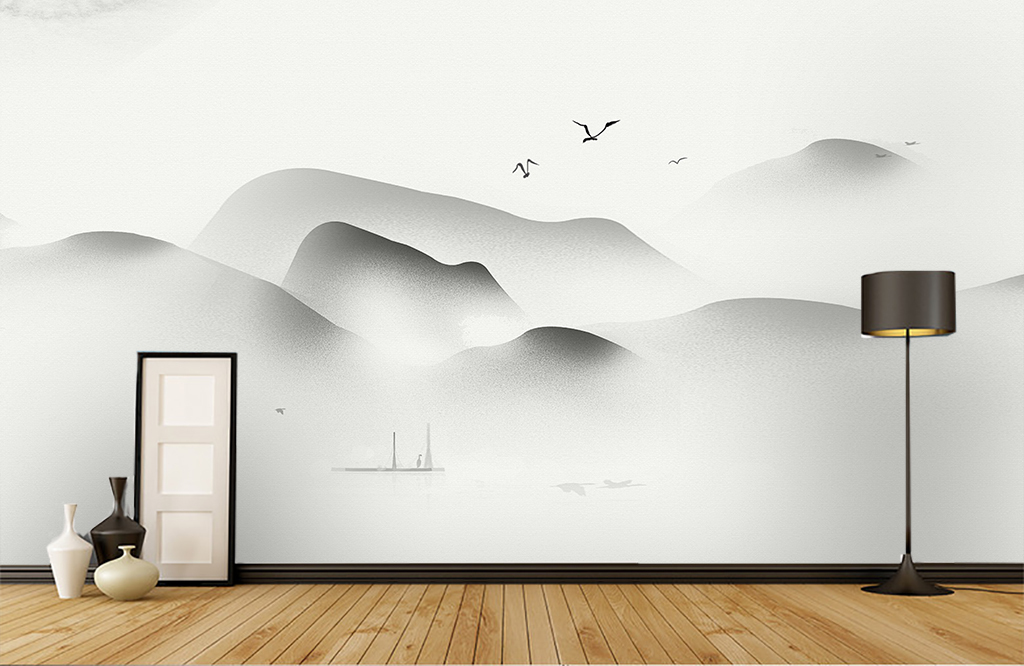 新中式抽象水墨山水背景墙卧室装饰壁画