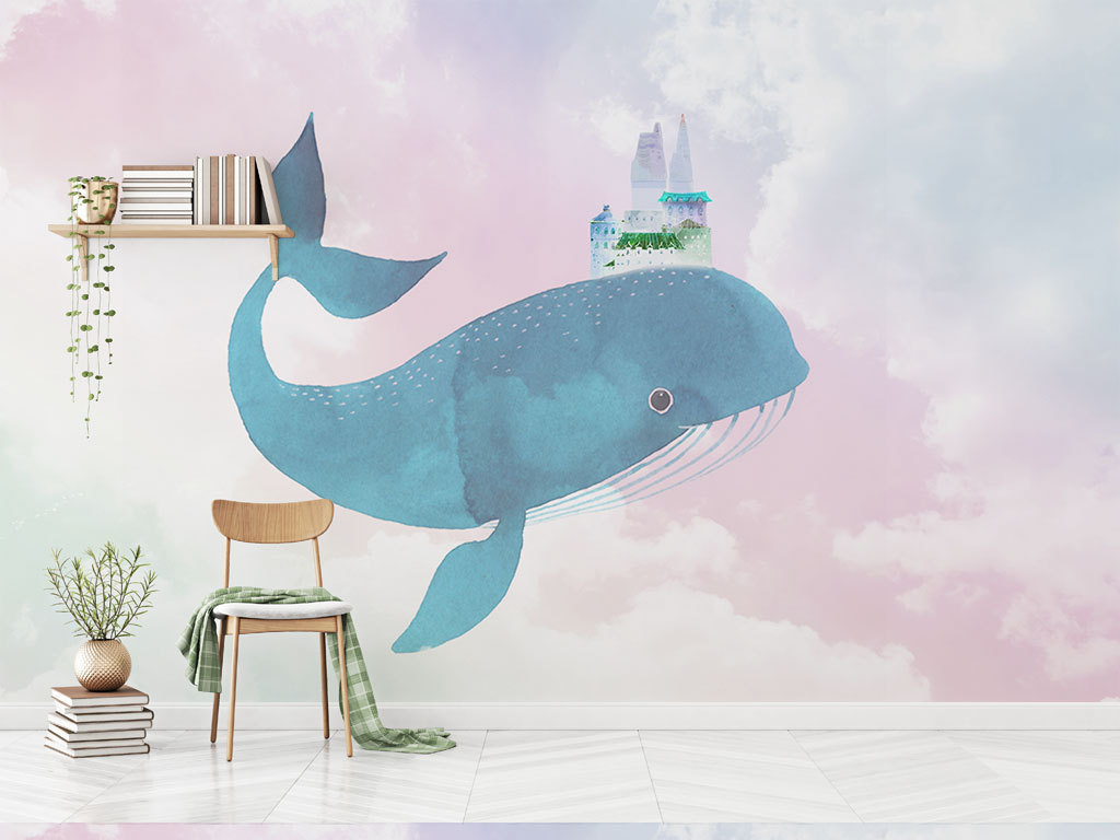 卡通鲸鱼城堡彩色天空儿童卧室背景墙