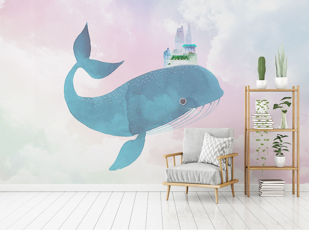 卡通鲸鱼城堡彩色天空儿童卧室背景墙