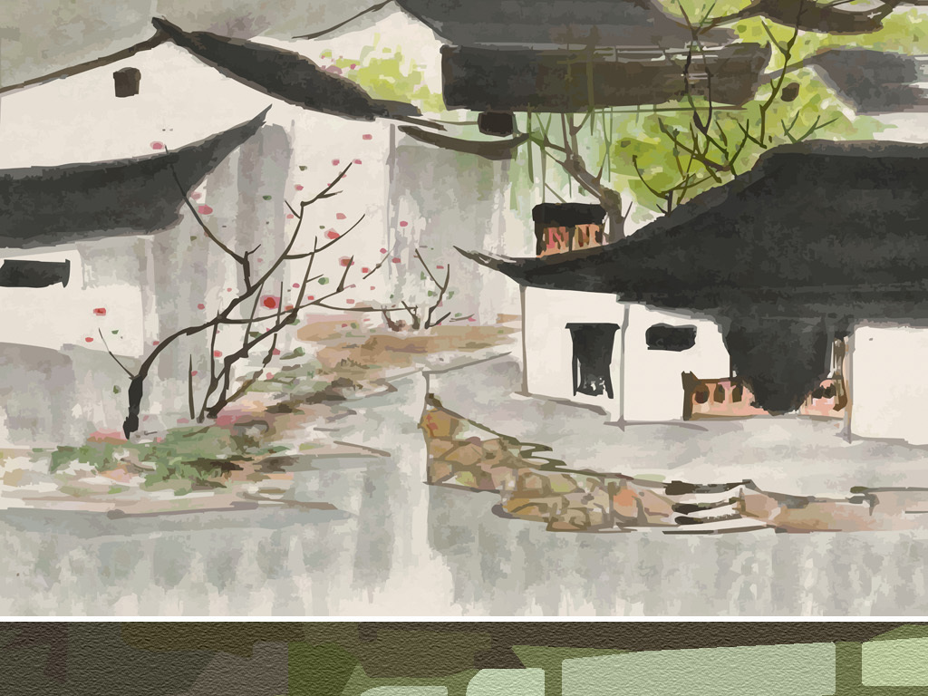 手绘吴冠中水墨画江南水乡背景墙装饰画