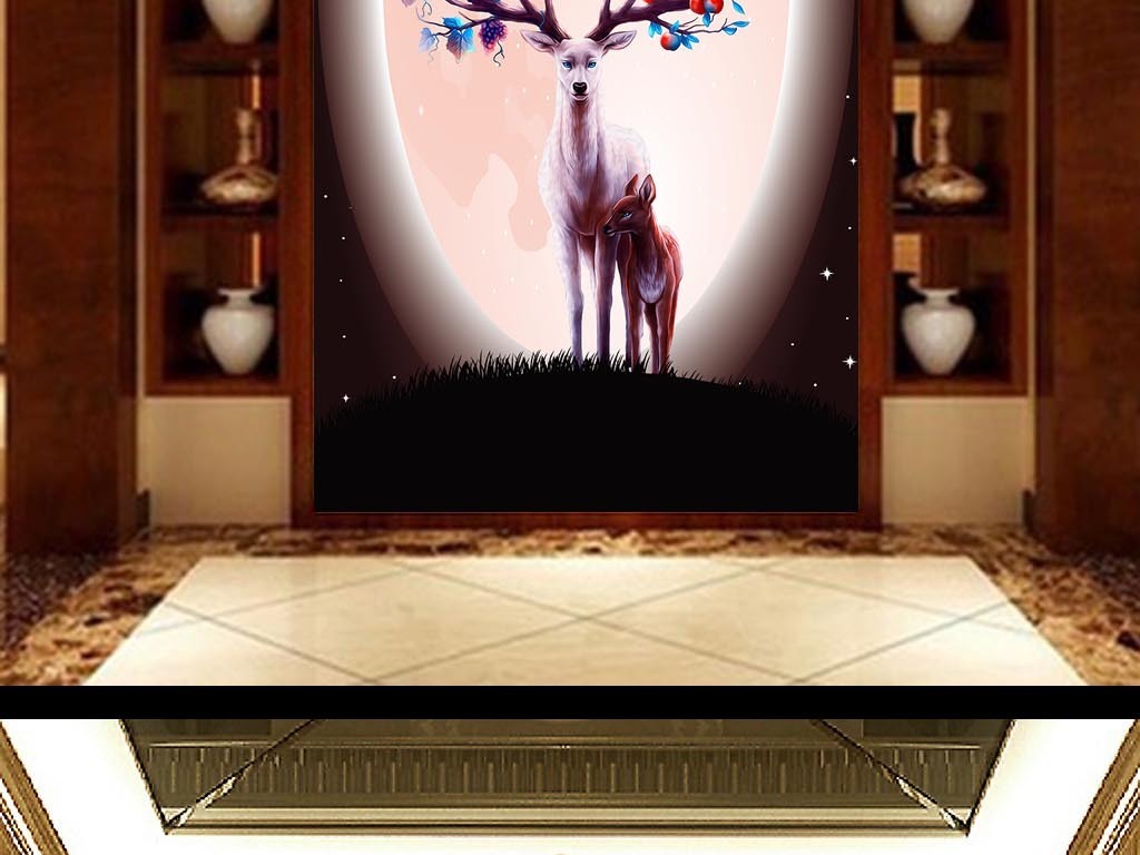 梦幻星空月亮下的麋鹿玄关背景墙