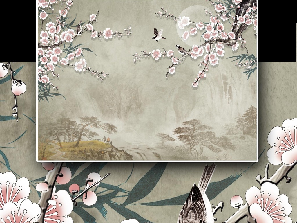 新中式手绘仿古梅花花鸟背景墙