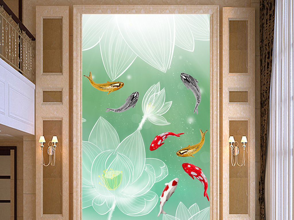 绿色唯美线条荷花九鱼戏荷图玄关隔断壁画