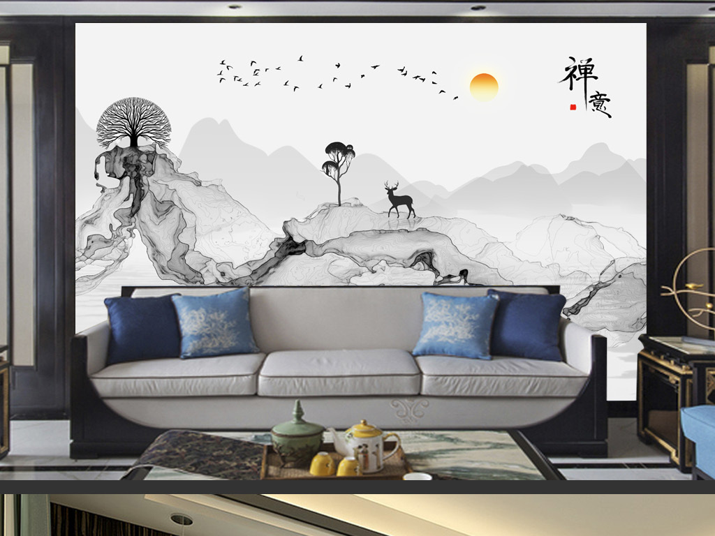 新中式水墨抽象线条山水电视背景装饰画