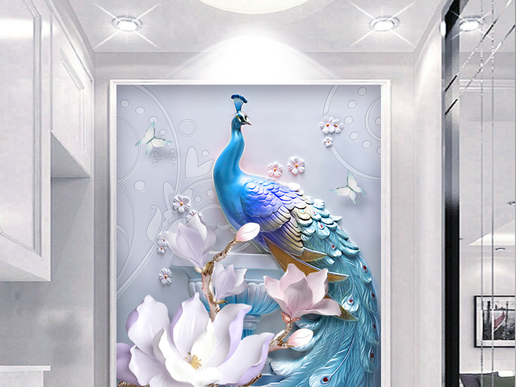 现代简约浮雕立体孔雀玄关背景墙装饰画