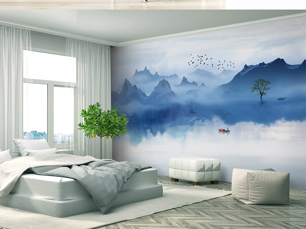 中式电视背景墙 > 新中式意境抽象水墨山水天空之城背景墙壁画  素材