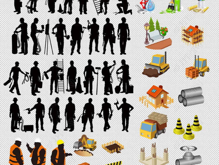 建筑工地施工测量安装工具工人剪影矢量素材