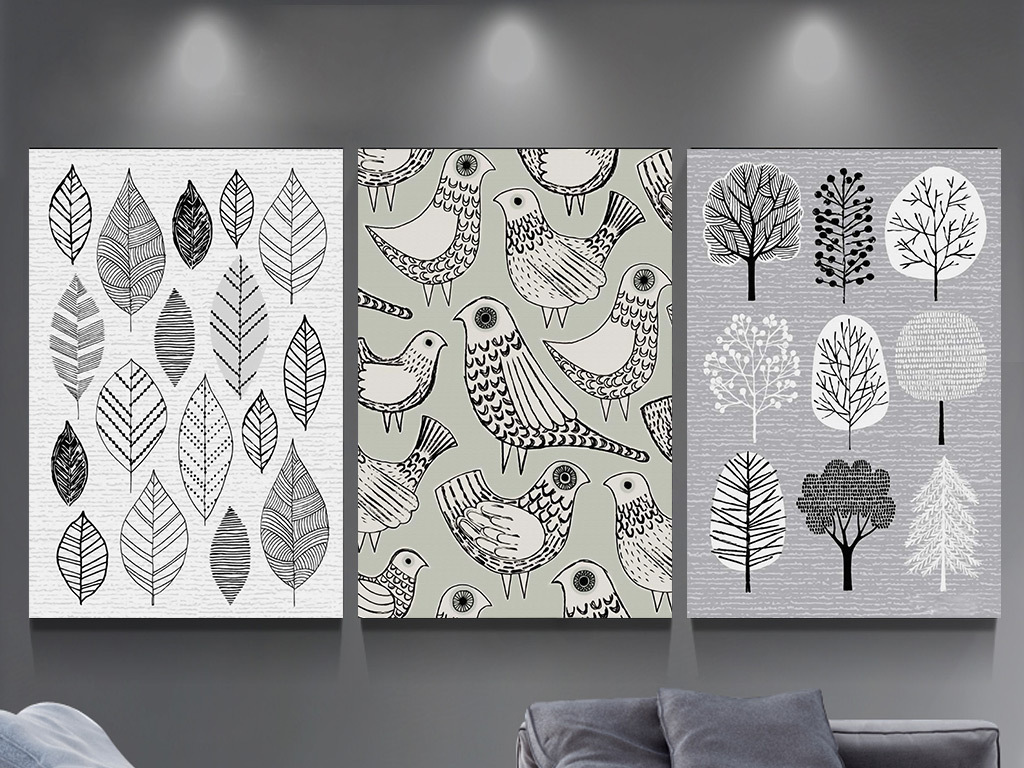 北欧创意黑白线条树叶大树装饰画