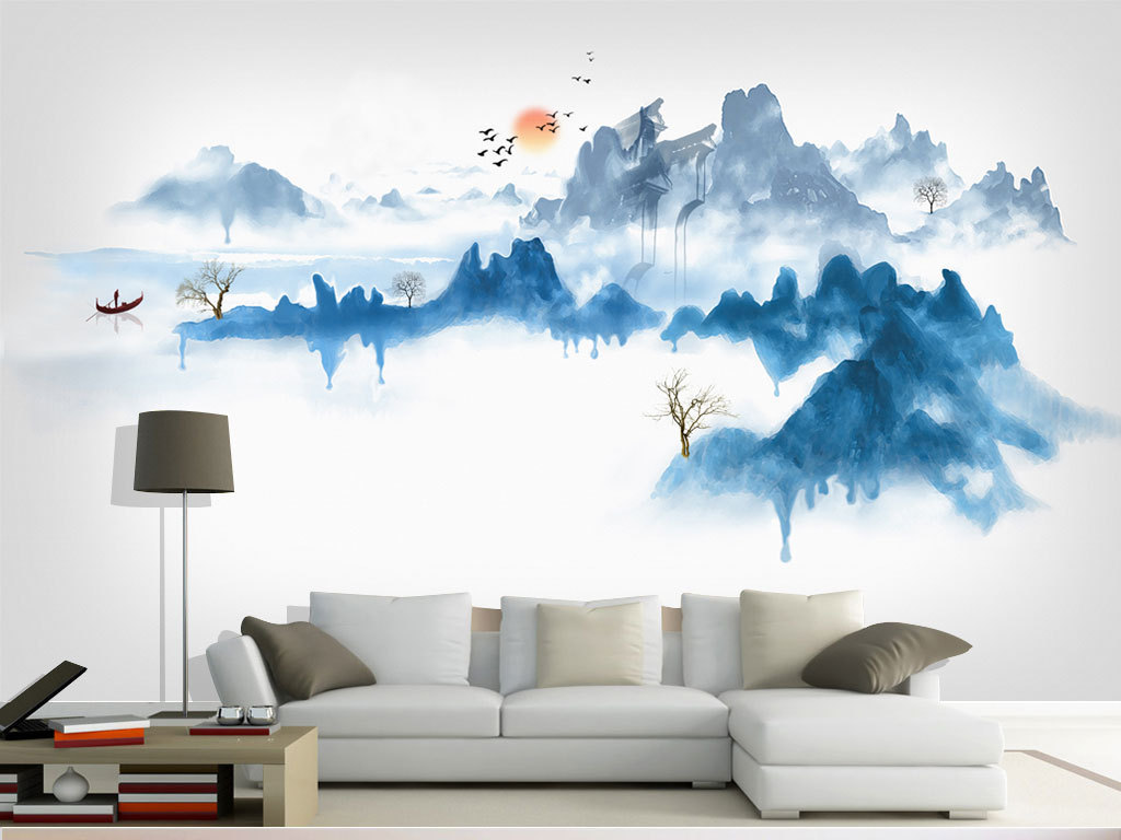新中式现代山水太阳沙发背景墙电视背景墙