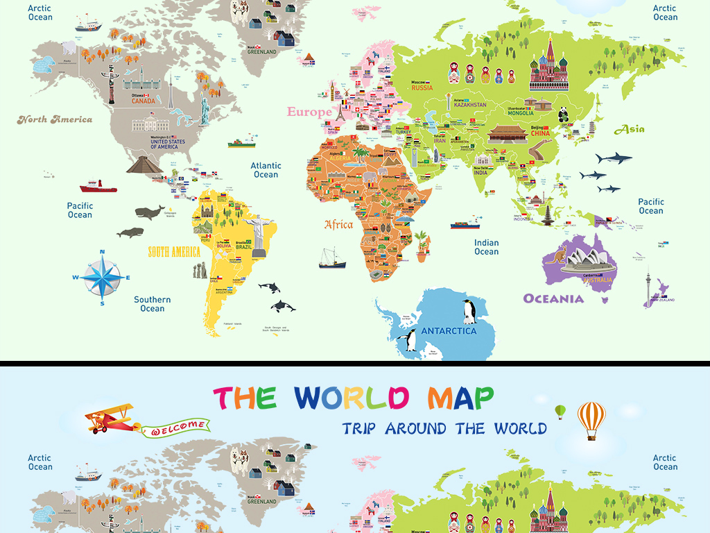 卡通世界地图背景墙