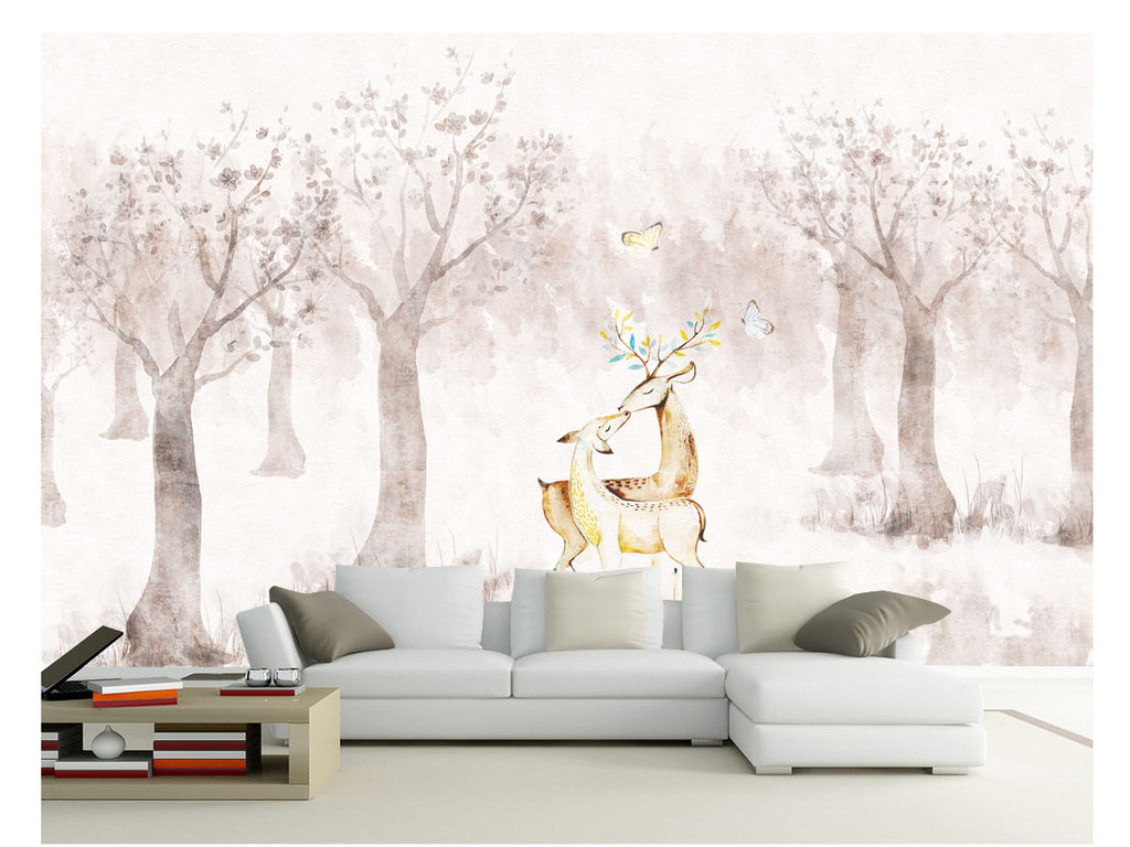 手绘唯美意境树木驯鹿装饰画背景墙
