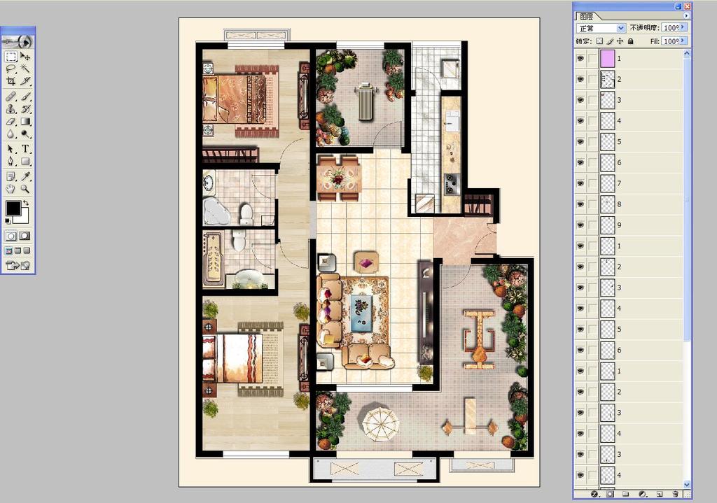 PSD豪华别墅室内户型彩色平面图素材