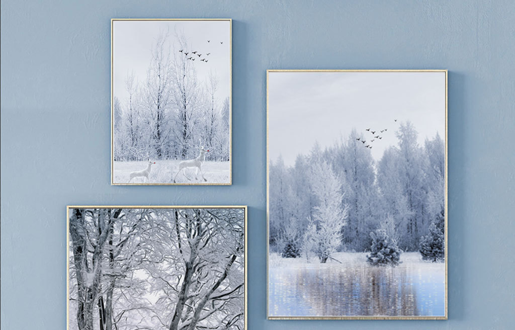 北欧简约现代麋鹿黑白客厅雪景三联装饰画