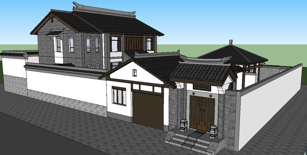 中式风格别墅院落建筑su模型素材