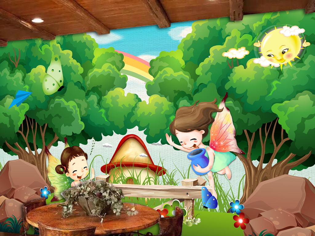 儿童乐园唯美森林树林卡通儿童房小孩房