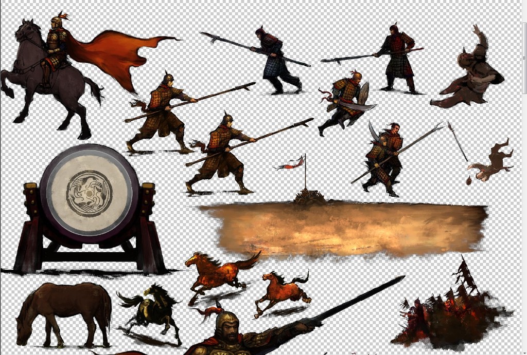 古代战争战场动画士兵水墨手绘PNG矢量图