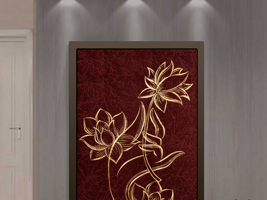 立体手绘金色佛手莲花玄关背景墙