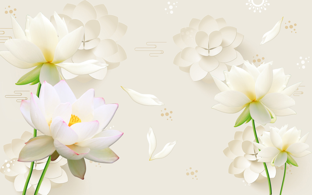 现代时尚手绘淡雅白色立体3d花卉电视背景