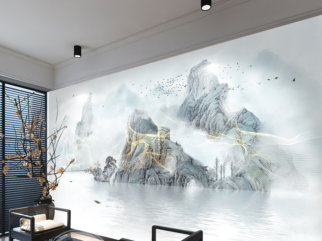 新中式意境抽象水墨山水客厅背景墙壁画挂画