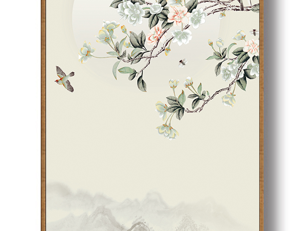 新中式手绘花鸟工笔玄关背景墙
