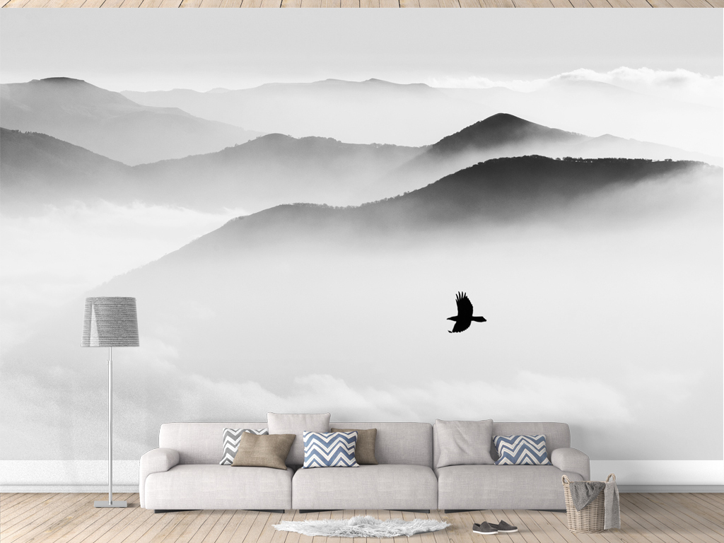 原创新中式水墨意境雾山风景背景墙版权可商用