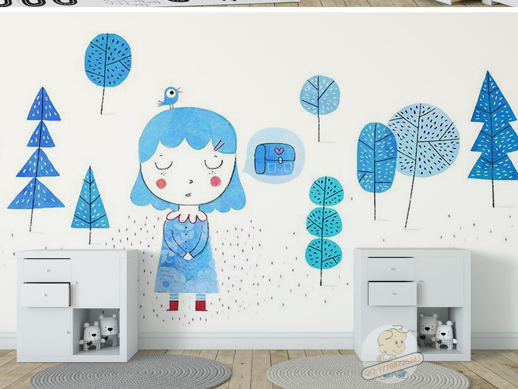 唯美手绘森林儿童房小孩房卡通背景墙壁画