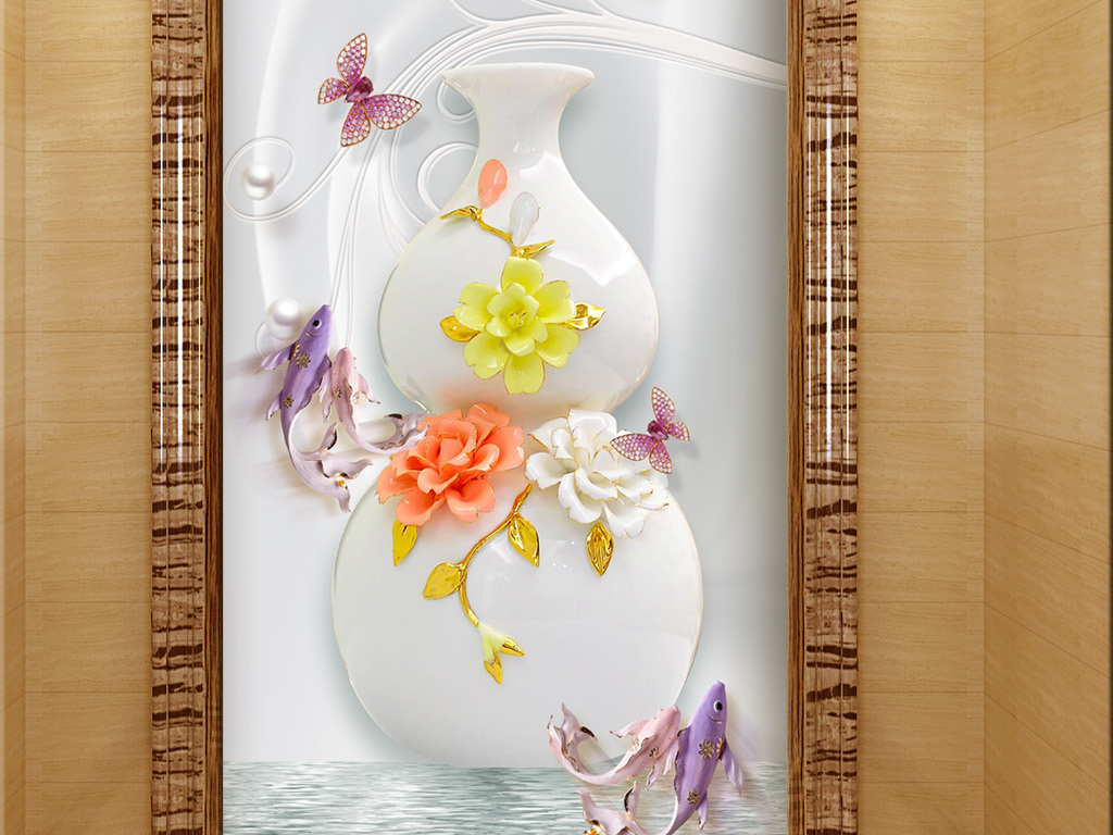 3d浮雕花瓶壁画玄关图装饰画