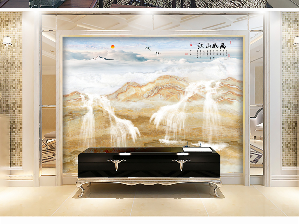 大理石纹理江山如画山水风景电视背景墙