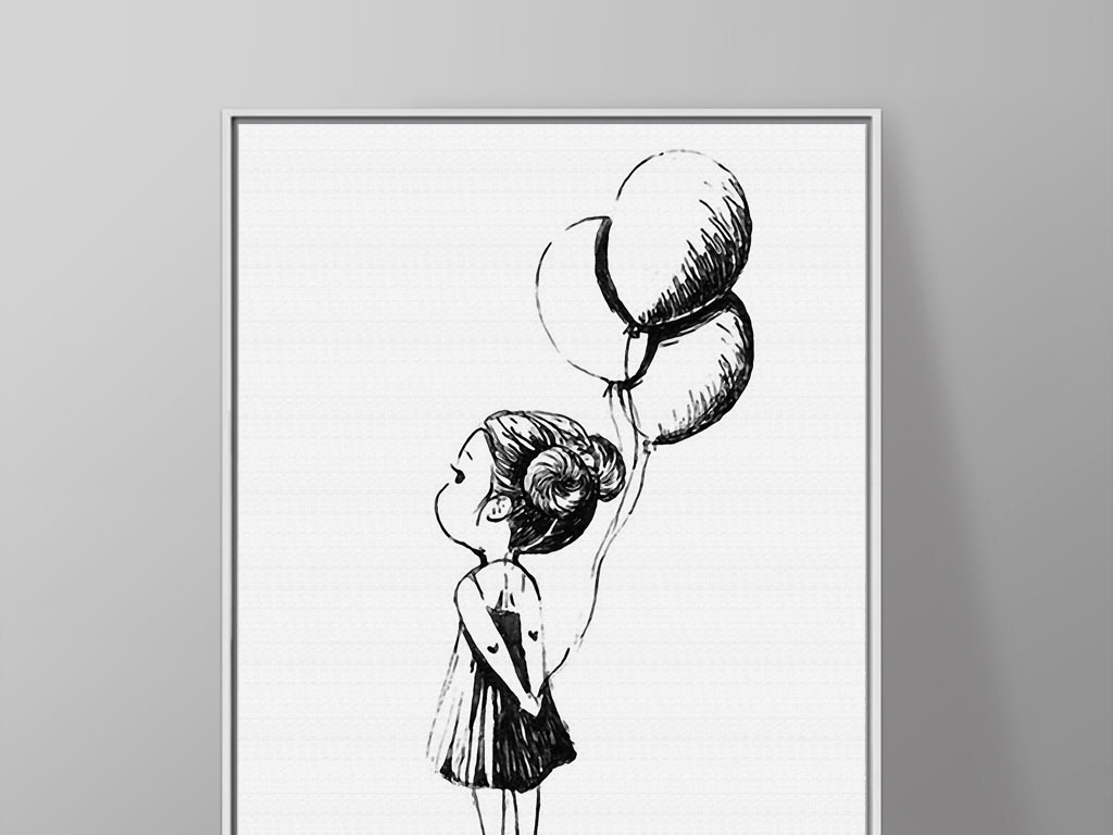 手拿氢气球的小女孩黑白手绘欧式现代装饰画
