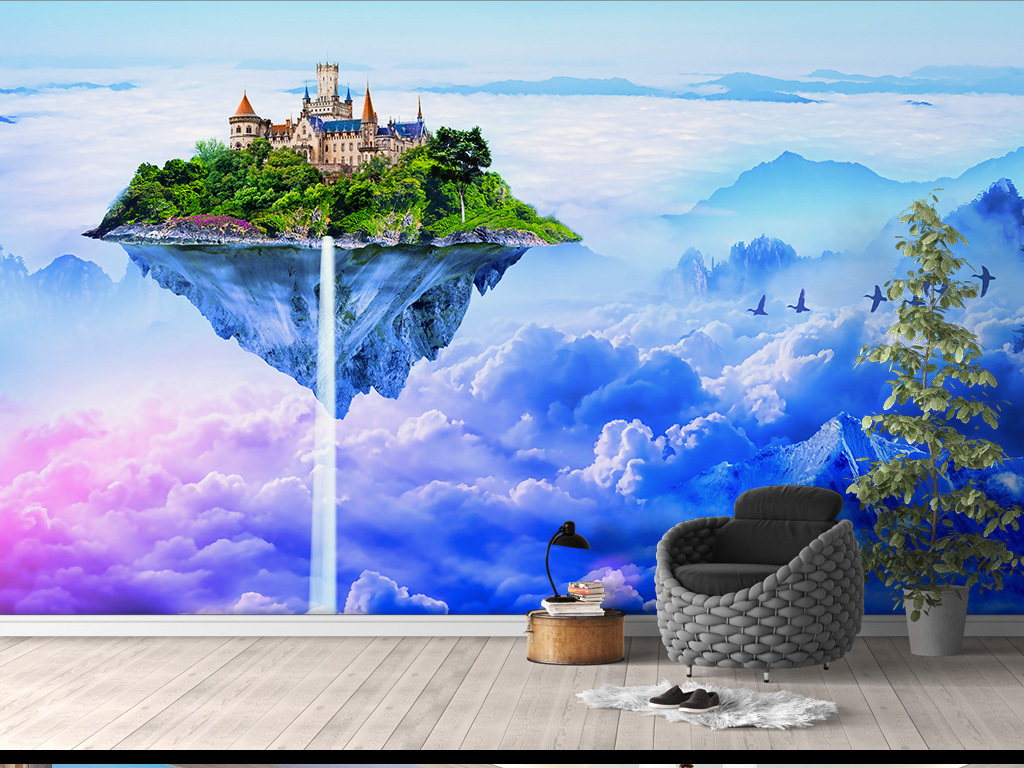 梦幻空中城堡背景图童话唯美儿童主题背景墙