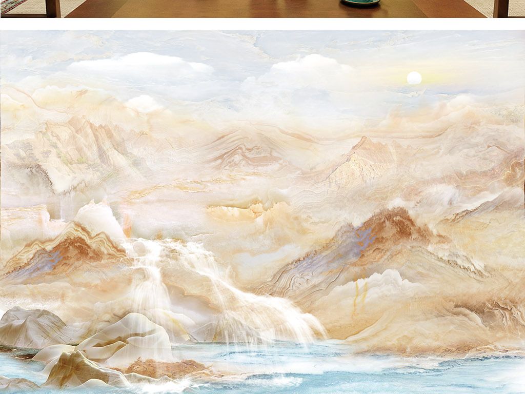 奢华欧式大理石纹理山水画电视背景墙云中歌